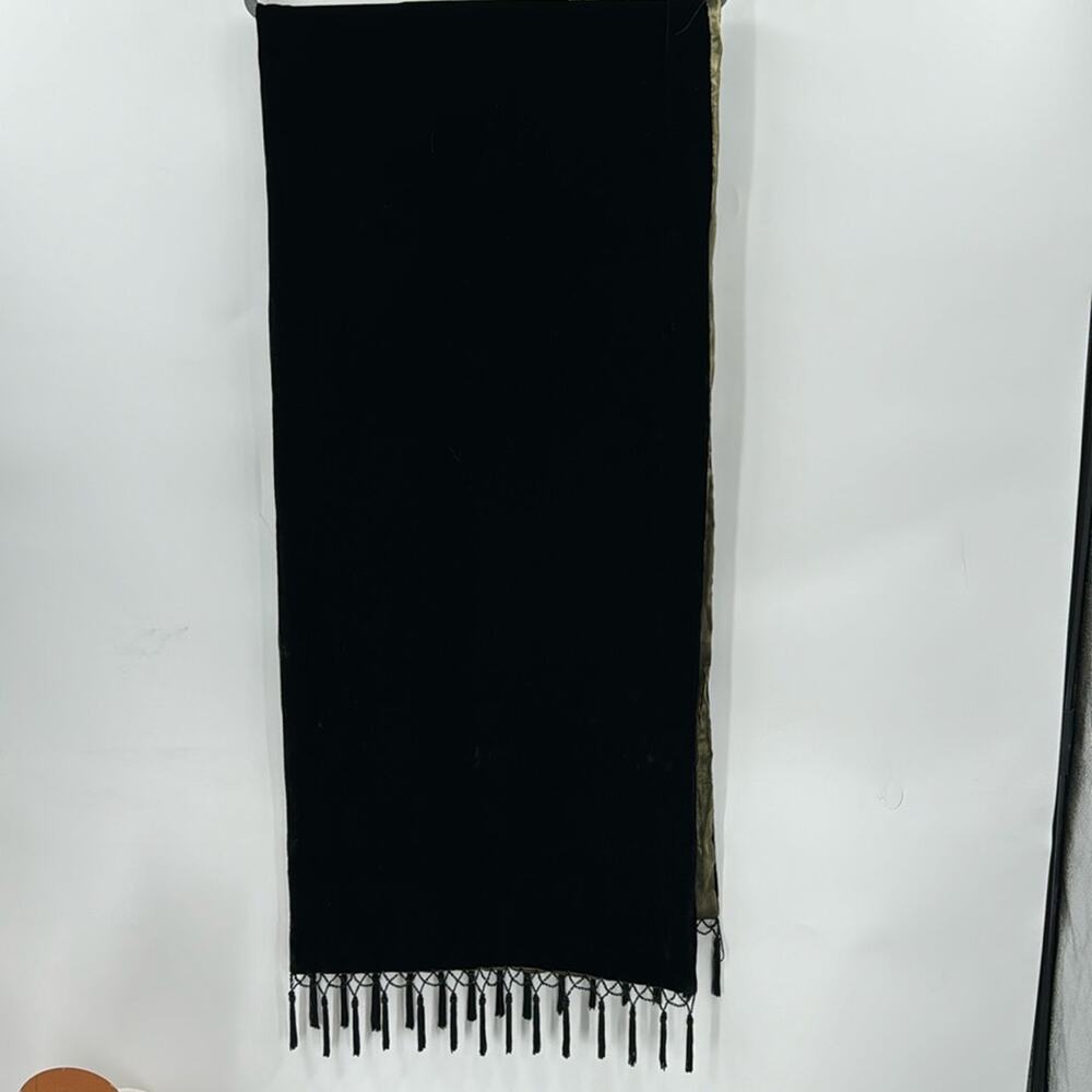 Vintage Whimsygoth black beaded tassel crushed velvet silk scarf